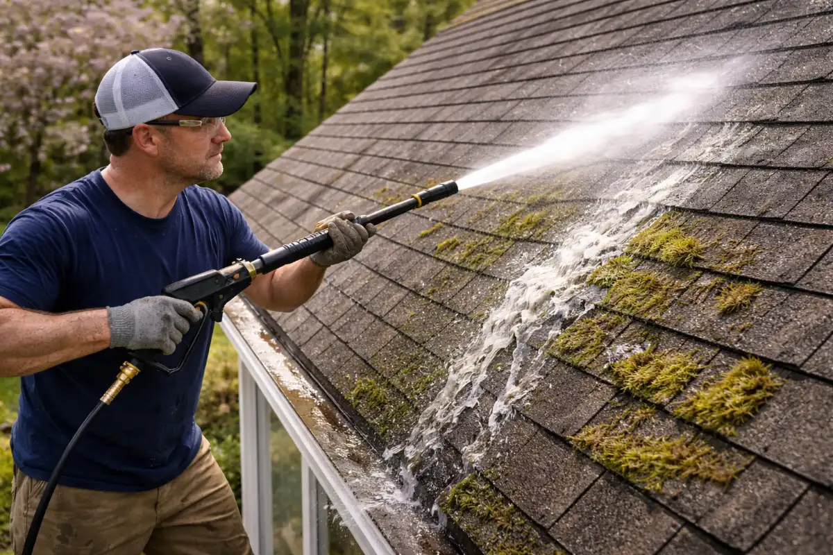 Black algae streaks on an asphalt shingle roof in Northern Virginia before soft-wash roof cleaning