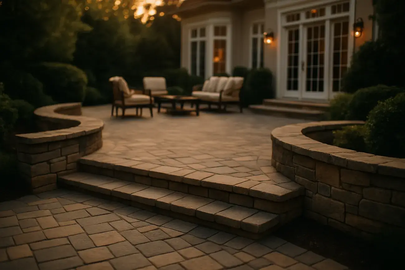 Luxury paver patio and stone hardscape at golden hour