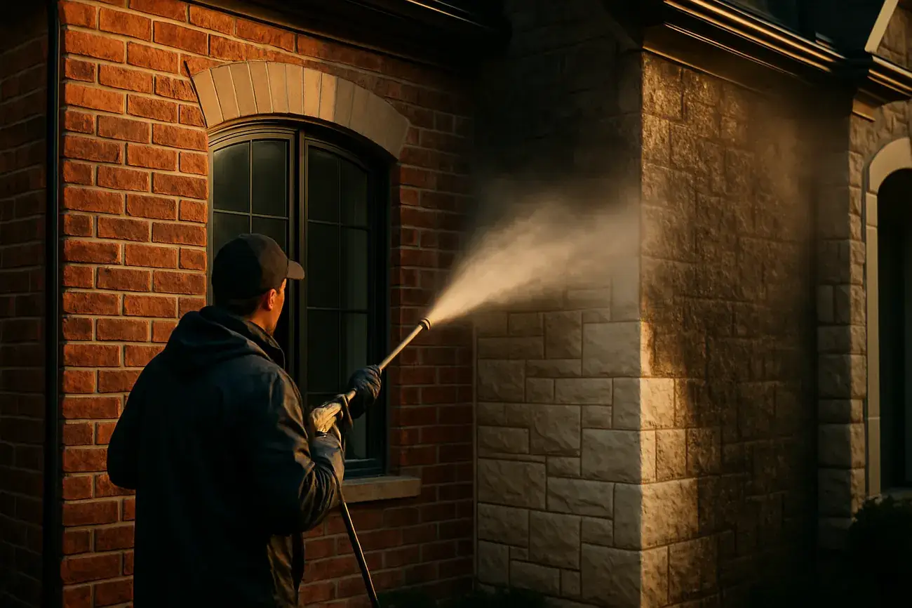Professional soft-washing an upscale home exterior