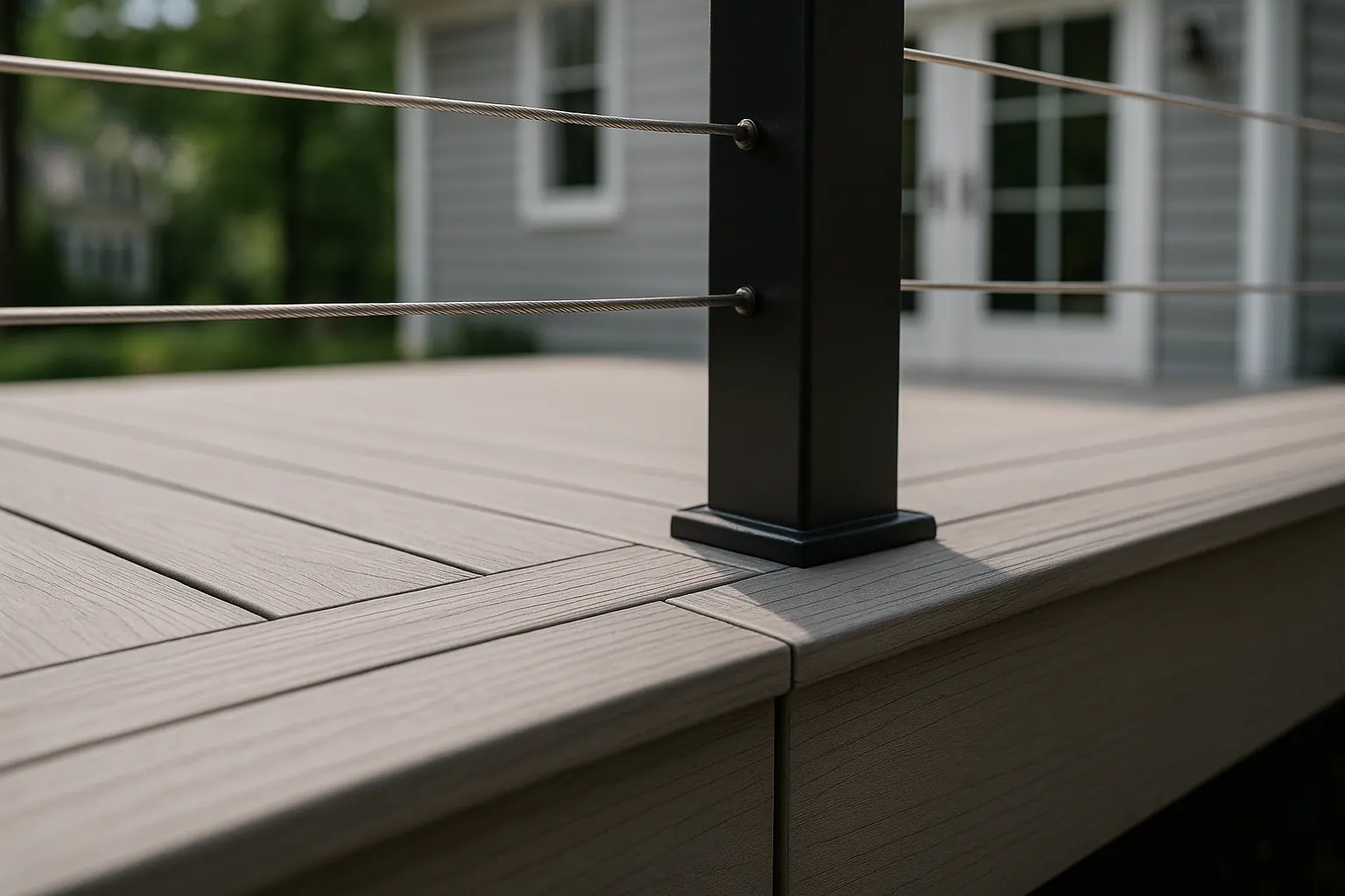 Close-up of composite deck board and black cable railing post on a Northern Virginia home