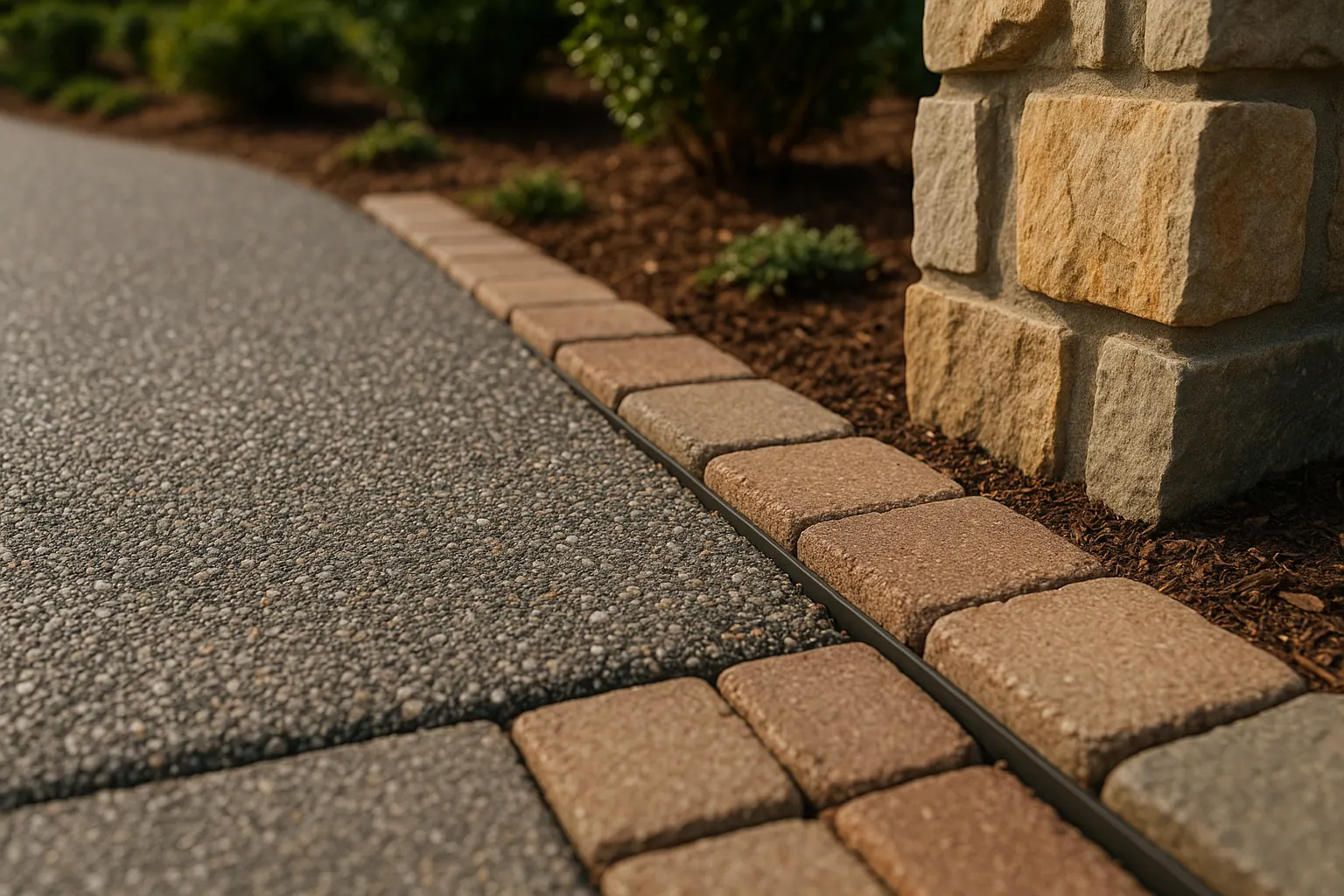 Close-up detail of a paver driveway edge and natural stone entrance pillar in Northern Virginia
