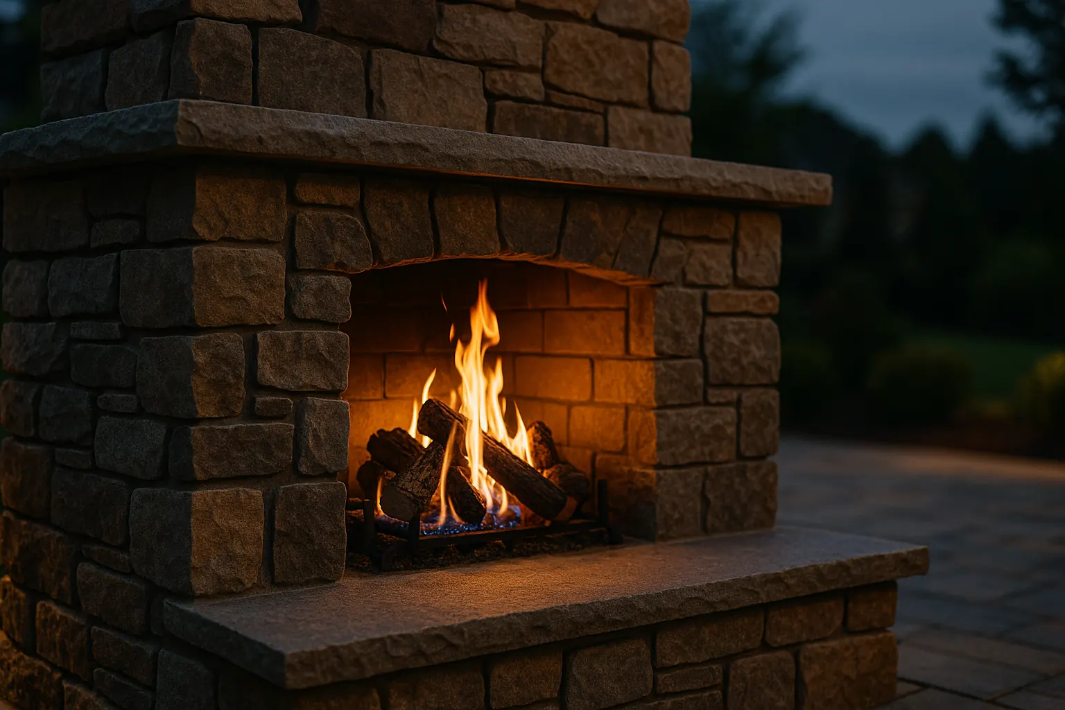 Close-up of a natural stone outdoor fireplace hearth with glowing gas flame and stacked stonework