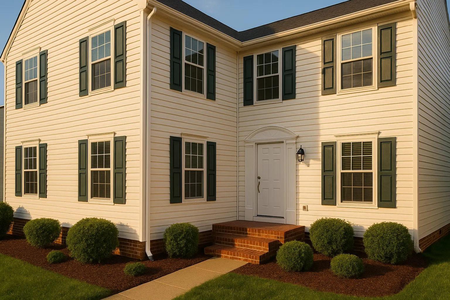 Clean vinyl siding and brick exterior after a professional soft wash in Northern Virginia