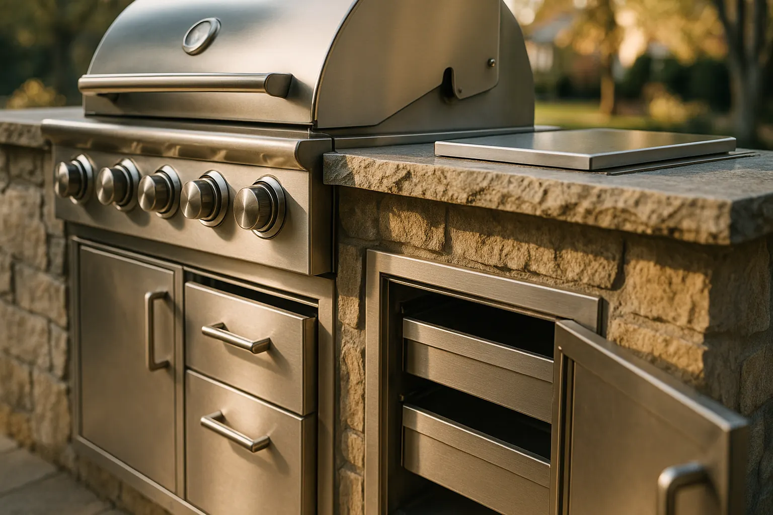 Close-up detail of built-in outdoor kitchen grill controls, stone countertop, and storage cabinetry