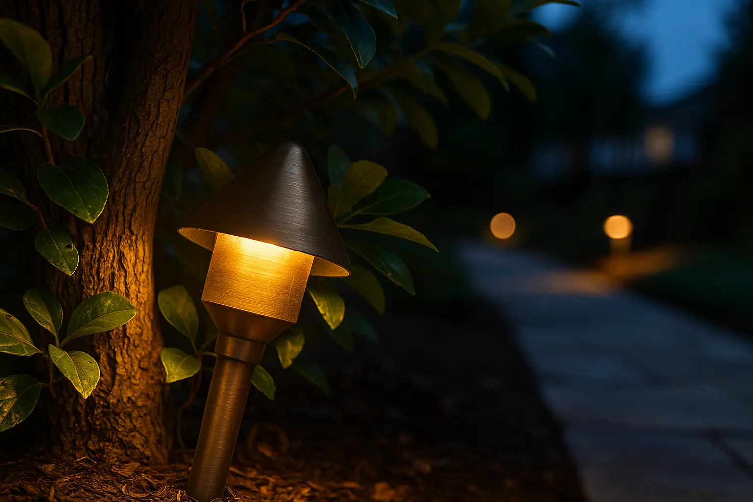 Close-up of a brass low-voltage uplight fixture glowing at the base of a shrub at dusk in a Northern Virginia yard