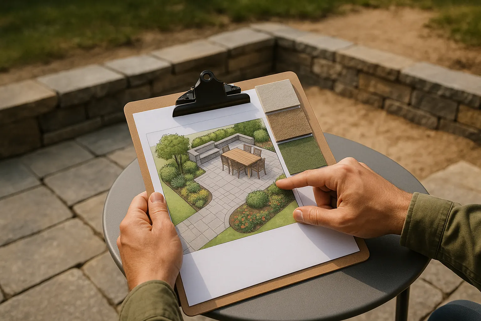 Landscape designer reviewing an outdoor living design plan on-site in Northern Virginia