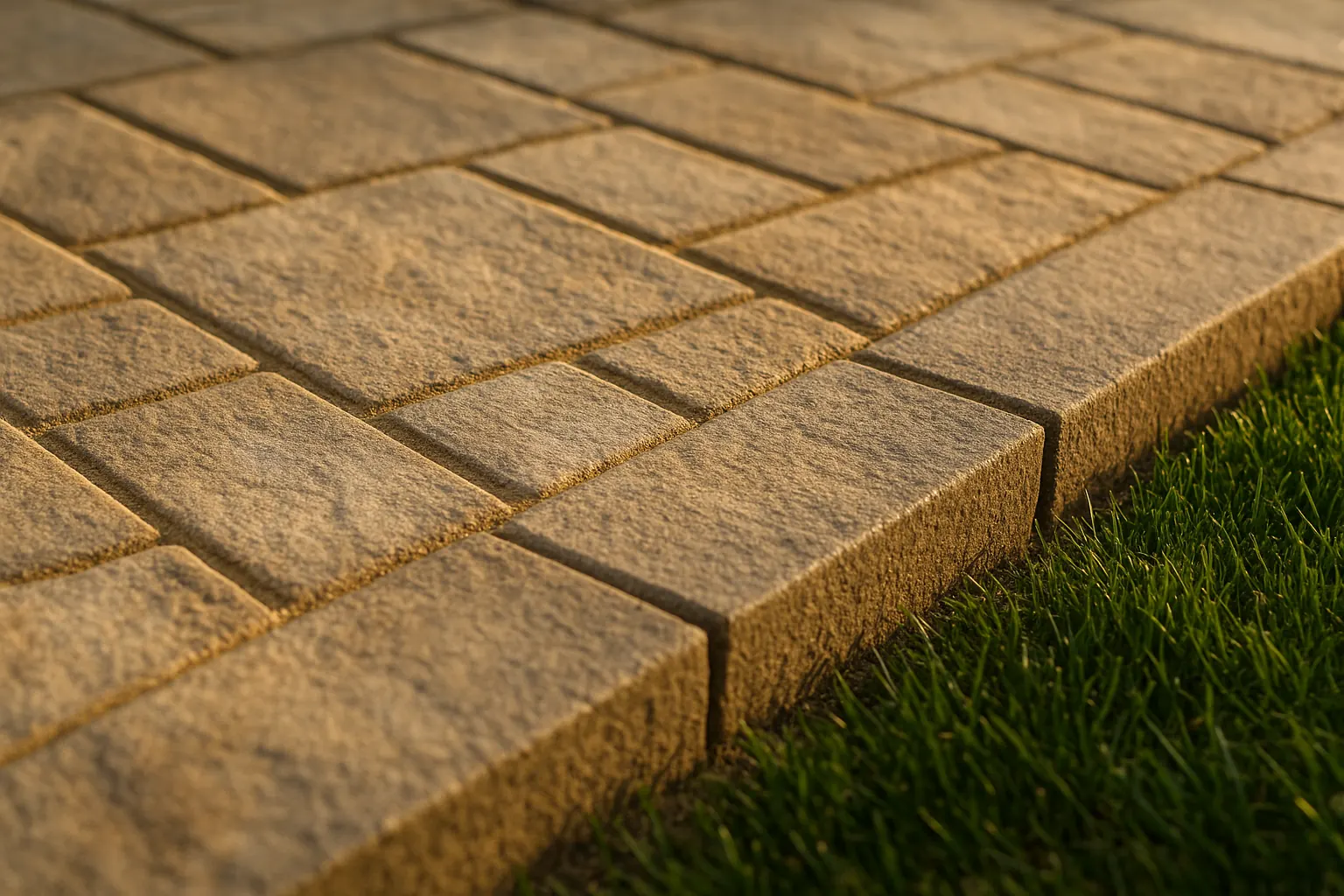 Close-up of tight paver joint lines and a crisp soldier-course patio edge