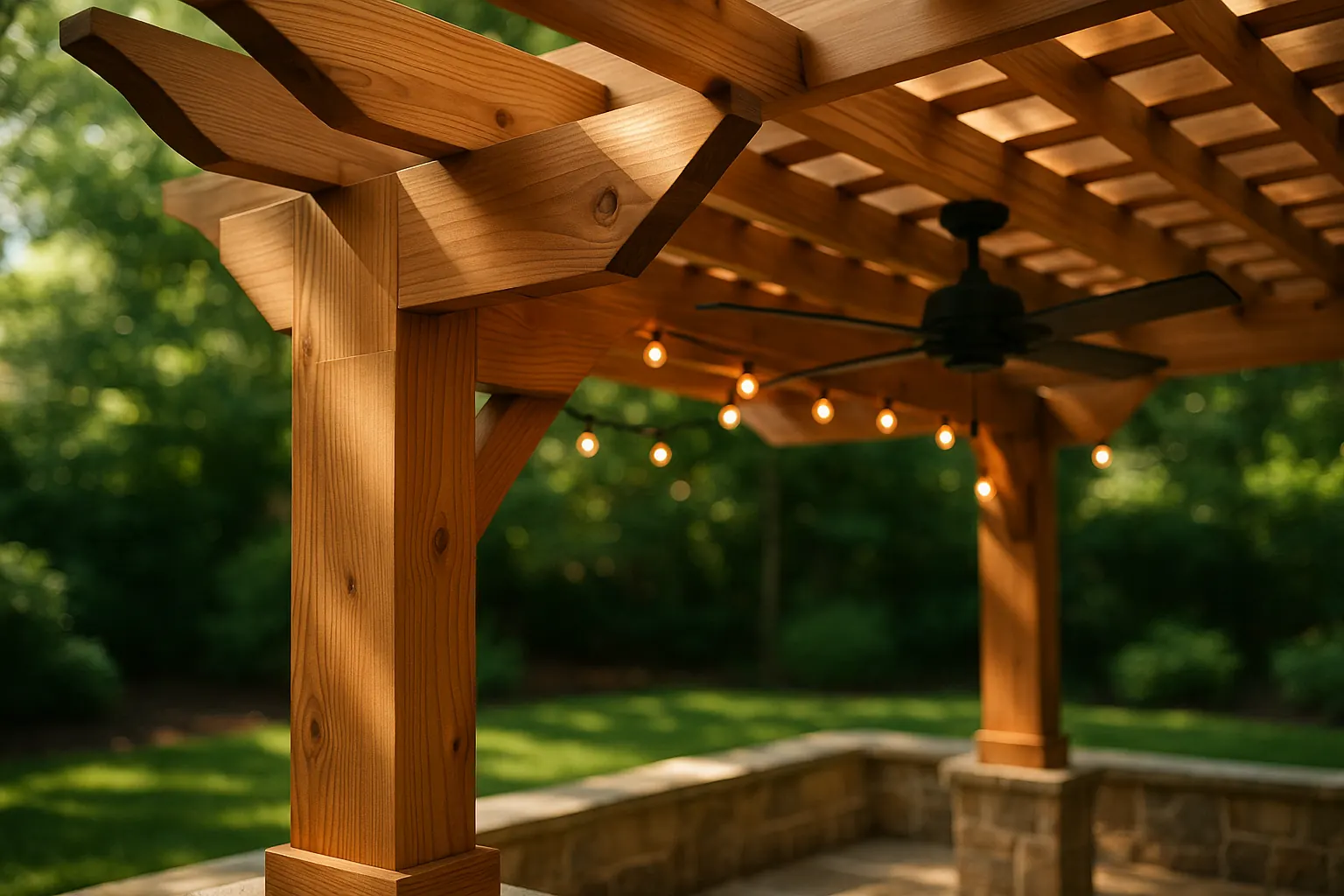 Close-up of cedar pergola rafters with ceiling fan and string lighting in a Northern Virginia backyard