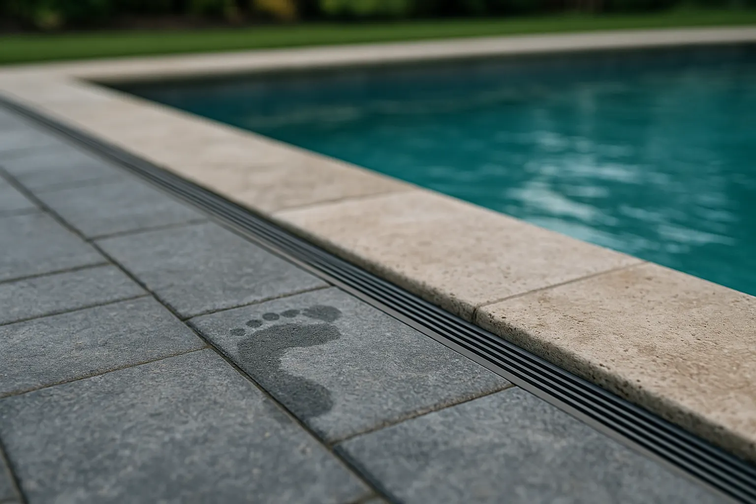 Close-up of travertine coping and paver pool deck edge with linear drain channel