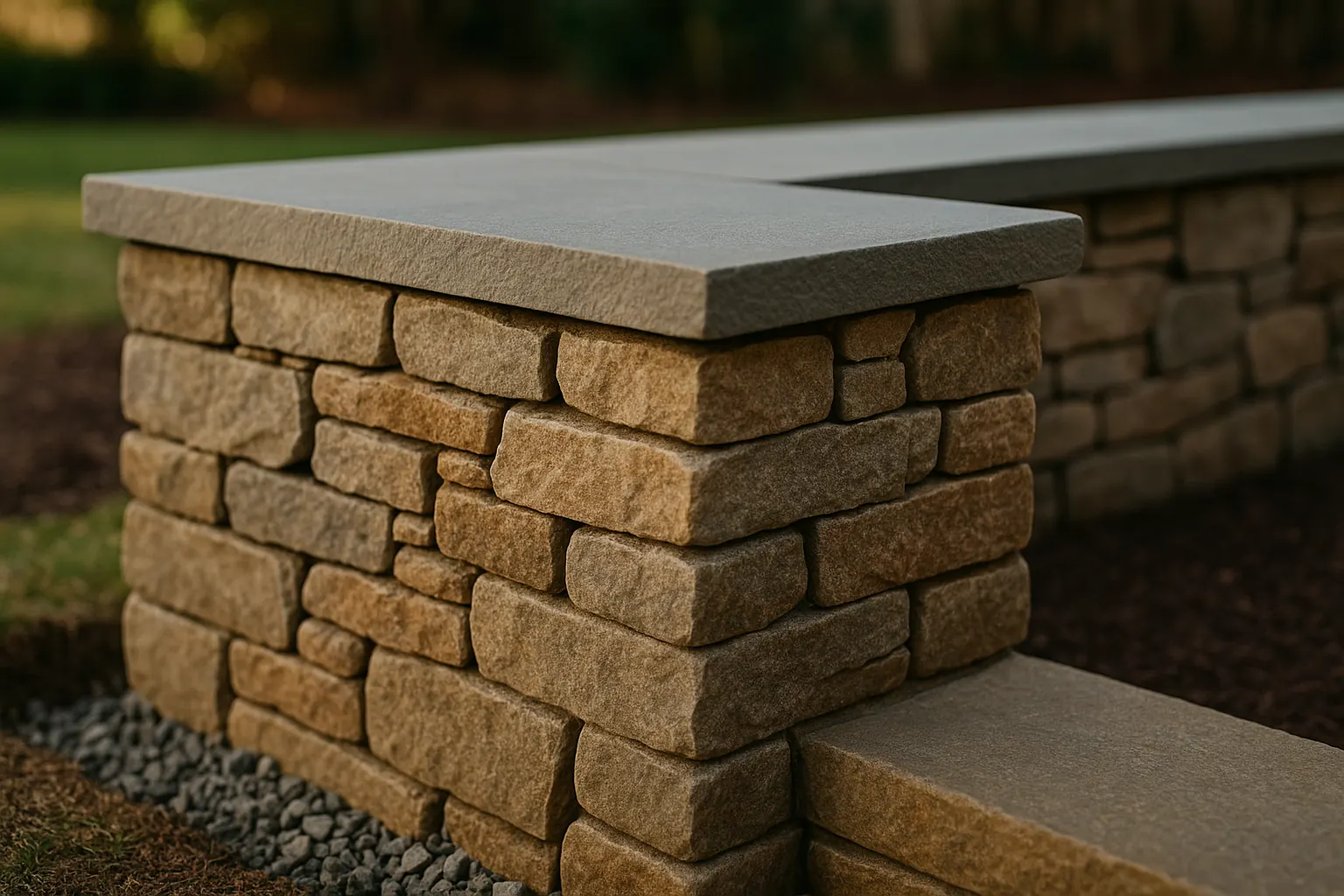 Close-up of a dry-stack natural stone retaining wall corner with bluestone cap and gravel drainage backfill