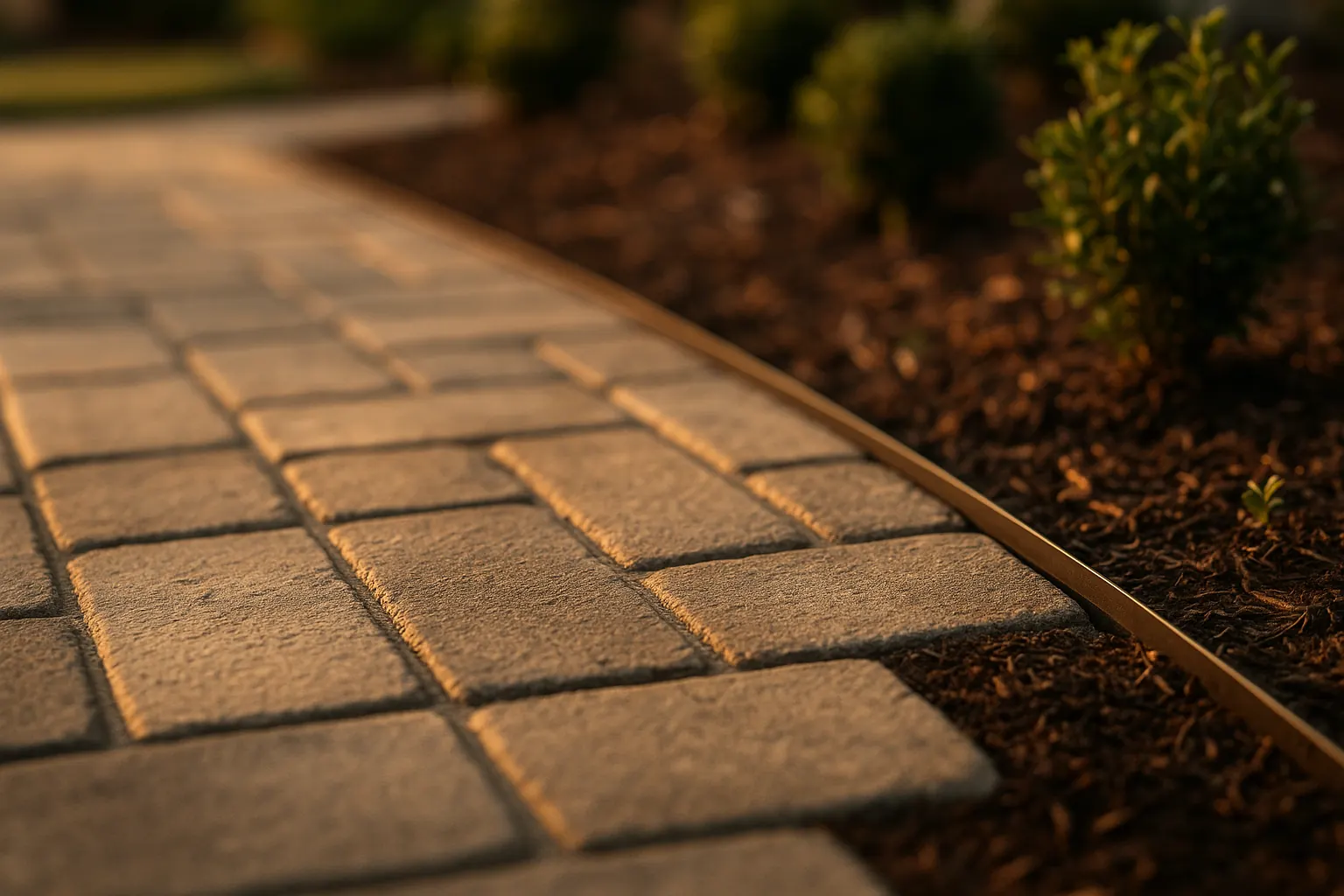 Close-up of a paver walkway edge with polymeric sand joints and steel edge restraint