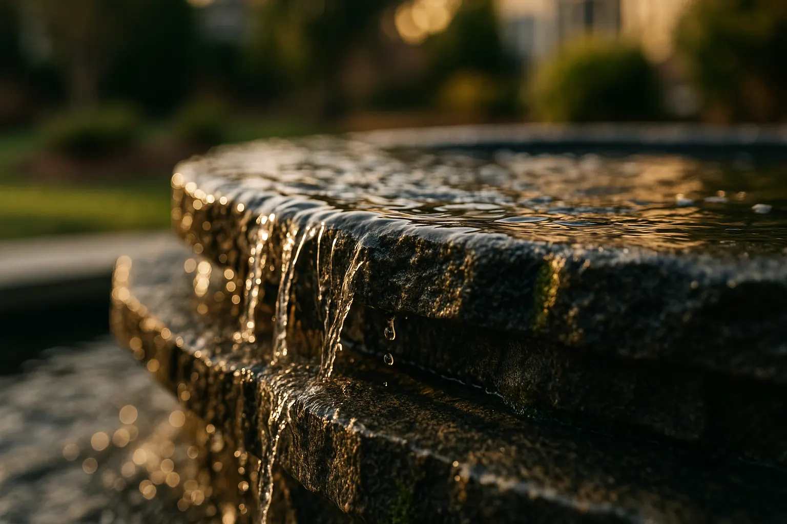 Close-up of water flowing over natural stone tiers on a Northern Virginia water feature
