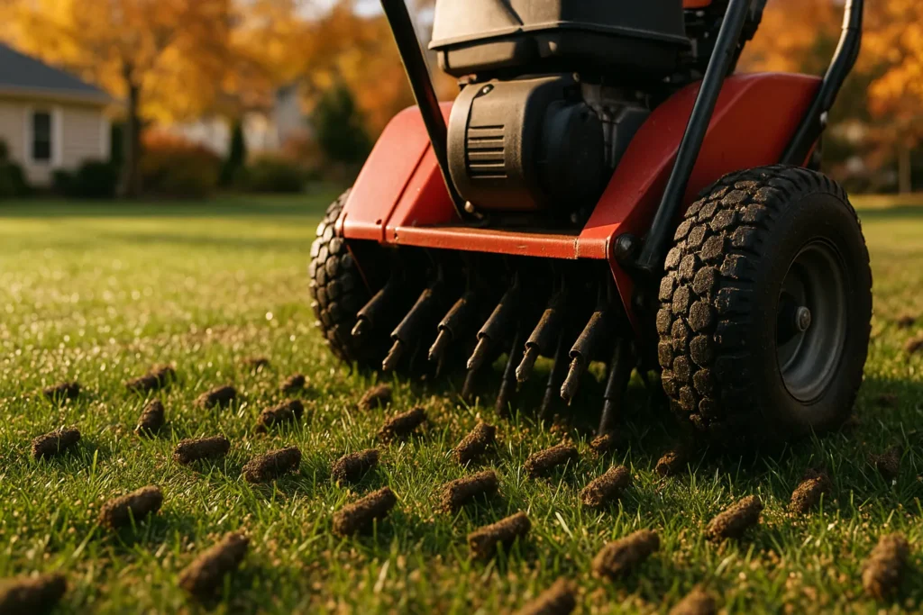 Core aeration plugs and fresh seed on a Northern Virginia tall fescue lawn during the late-summer window for when to aerate and overseed