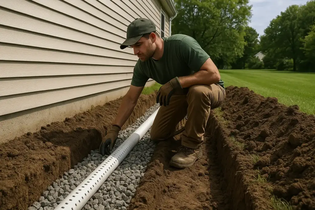 Landscaper installing a French drain trench with gravel and perforated pipe along the foundation of a Northern Virginia home