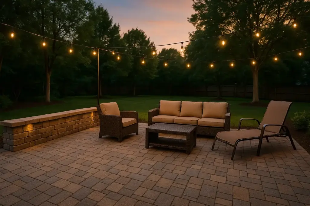 Paver patio with an integrated seating wall in a Northern Virginia backyard, showing how paver patio cost is driven by base engineering and built-in features