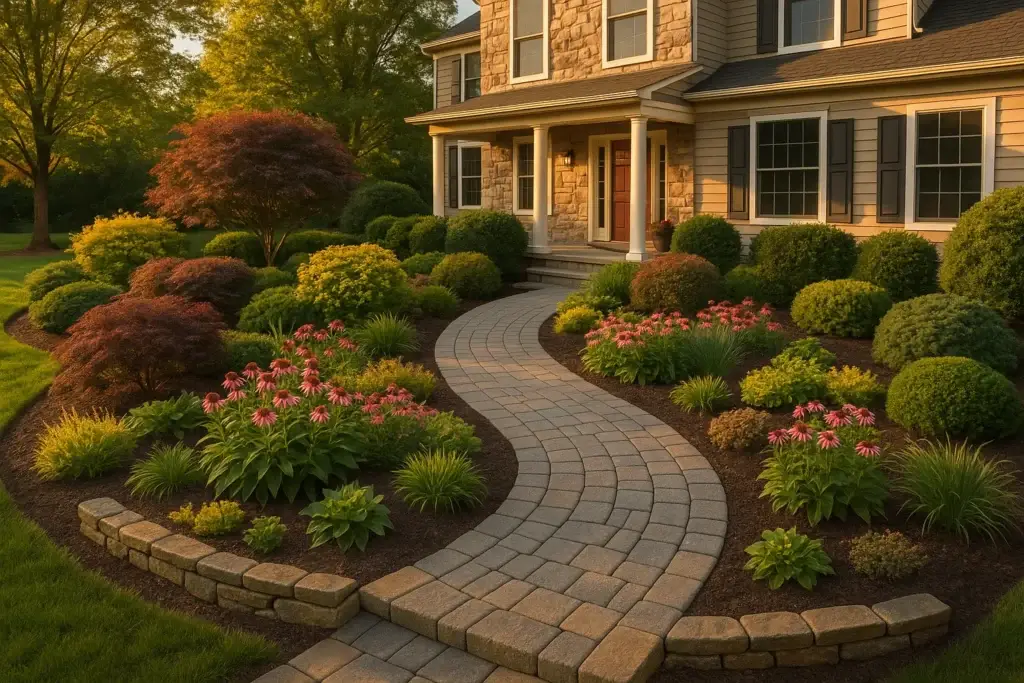 Layered shrub and perennial plantings along a curved paver walkway, spaced for mature size in a Northern Virginia landscape, part of a fall planting project in Northern Virginia