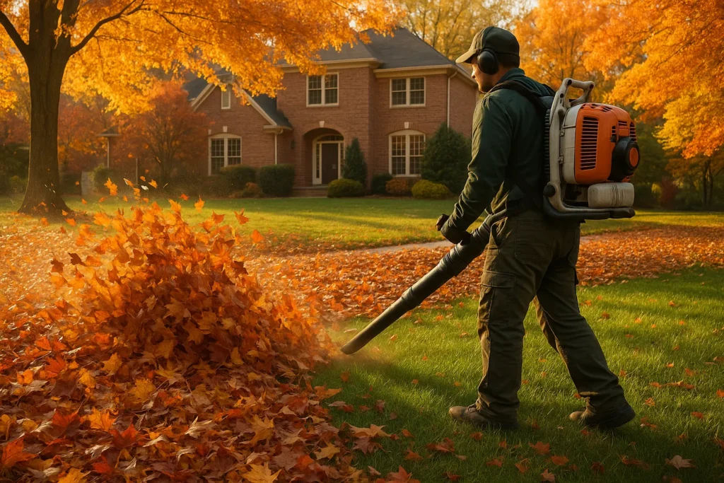 Fall cleanup work underway with a backpack blower, the season when irrigation shutdown is also scheduled