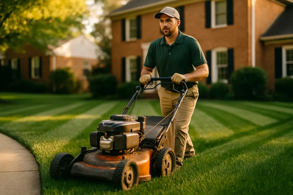 Mower cutting clean stripes into established tall fescue turf after a fall renovation