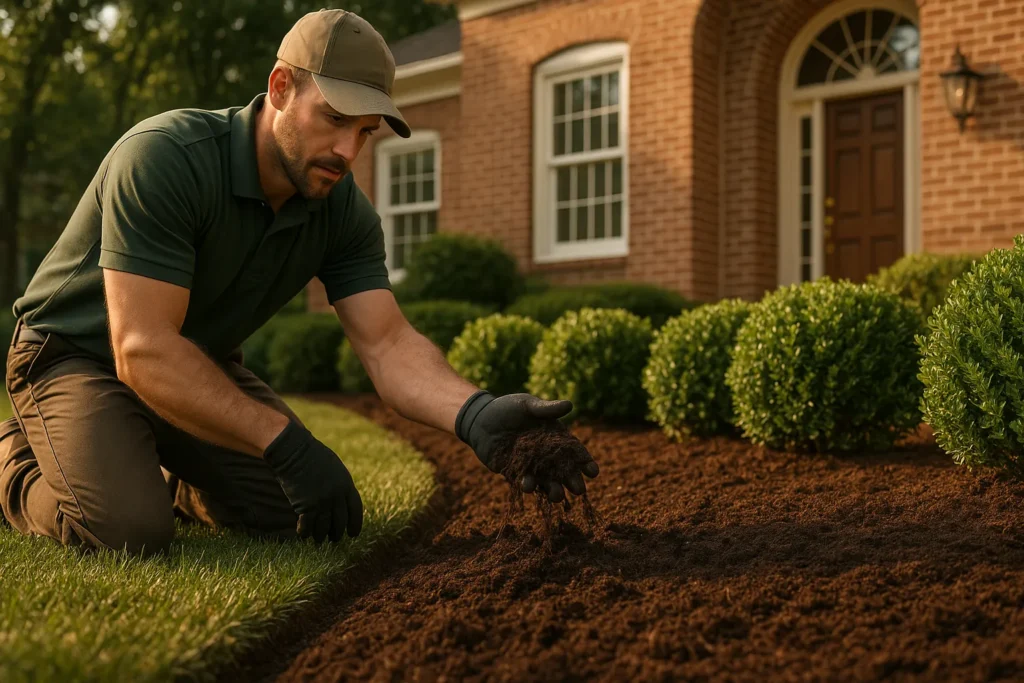Hardwood mulch spread at an even depth across a crisply cut bed edge and kept back from shrub stems, mulched correctly after fall planting in Northern Virginia