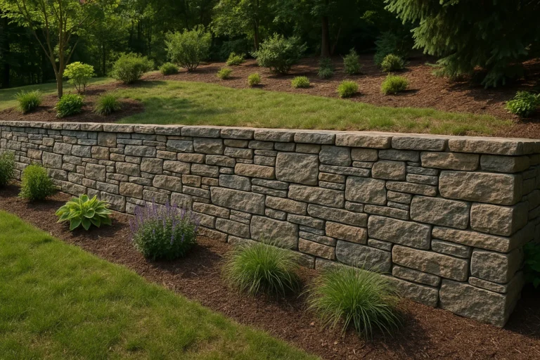 Stacked stone retaining wall terracing a sloped Northern Virginia backyard, the type of wall whose retained height and construction method determine which retaining wall permit path applies in Northern Virginia