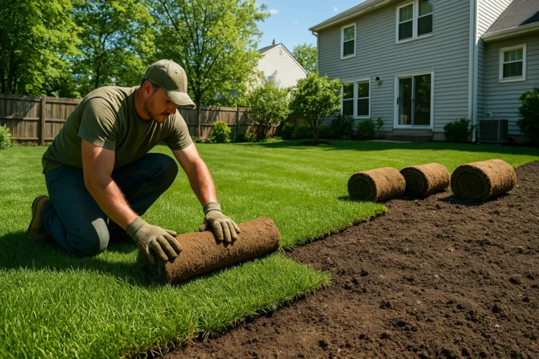 Tall fescue sod laid over a prepared and amended root zone during a Northern Virginia lawn renovation