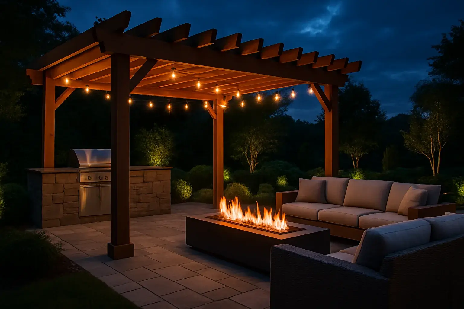 Luxury outdoor living space with pergola and fire pit