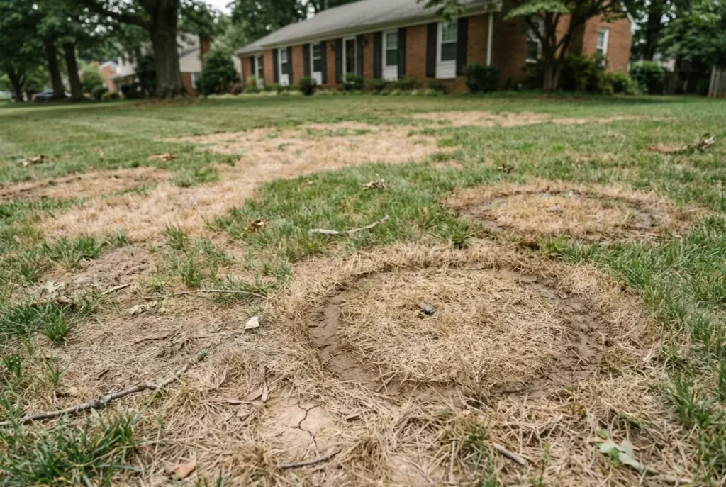 Lawn turning brown in a Northern Virginia front yard, showing circular straw-coloured brown patch rings and thinning tall fescue with bare soil visible