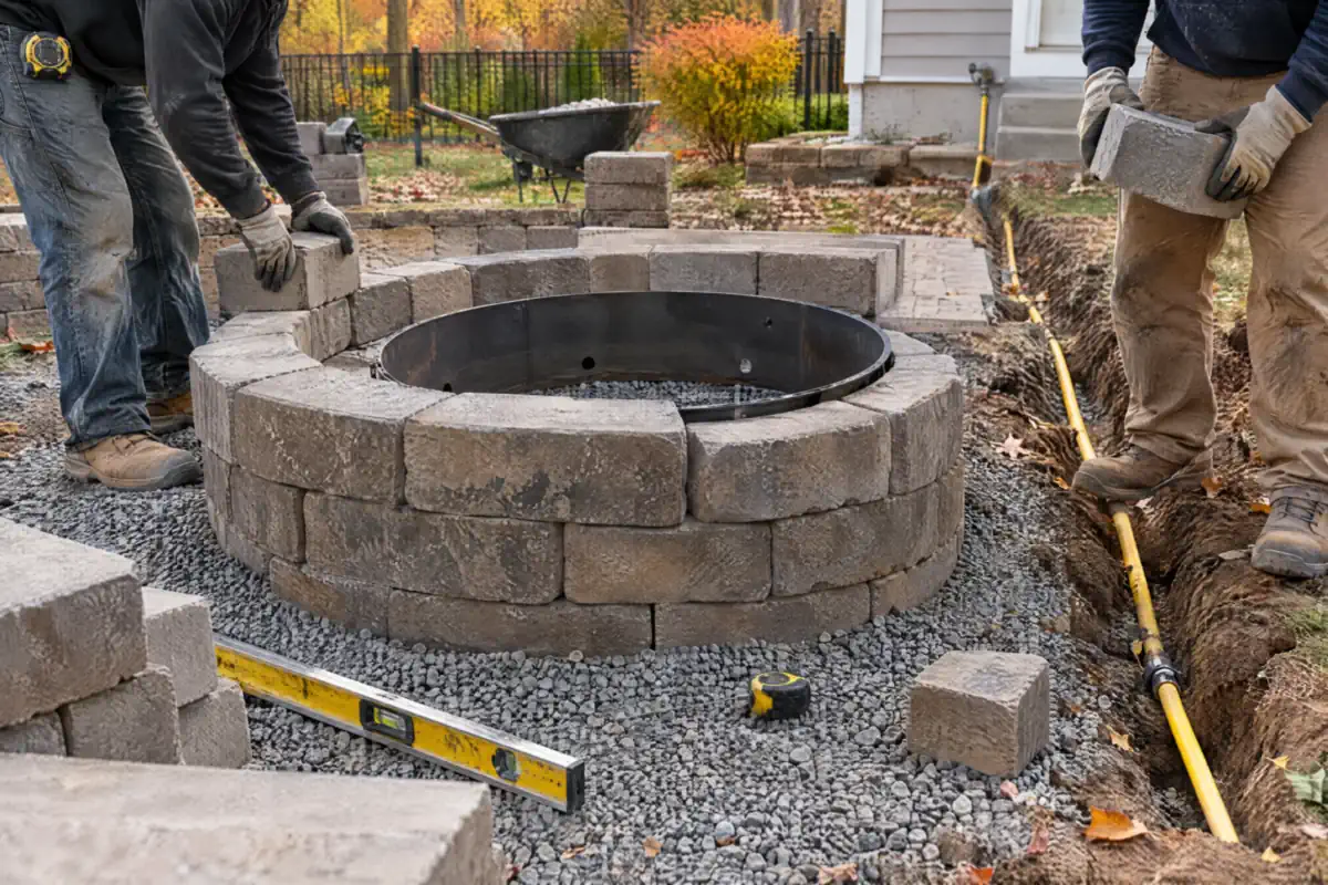 Crew building a built-in fire pit with a gas line trench on a Northern Virginia patio