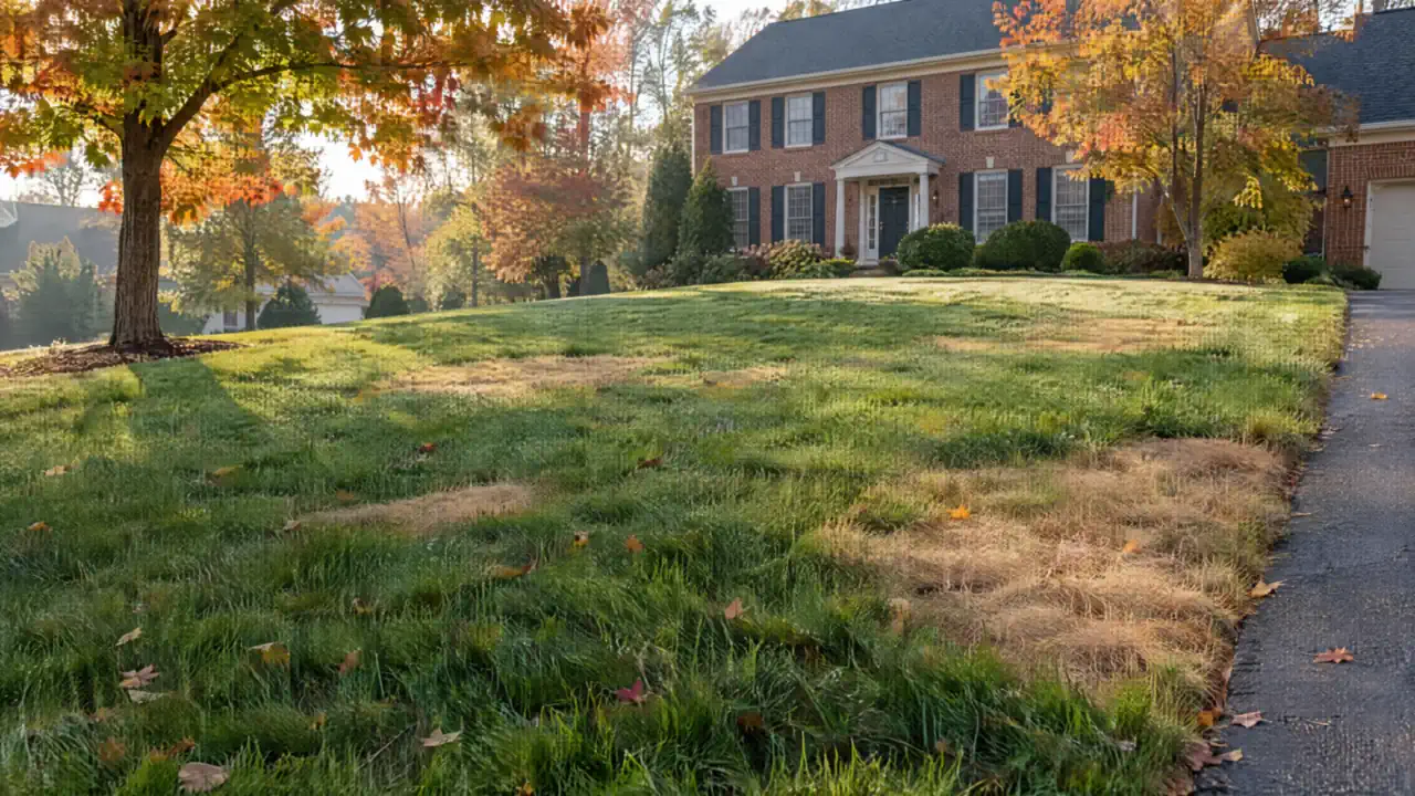 Drought damaged lawn in Northern Virginia with green recovering tall fescue and dead brown patches in October
