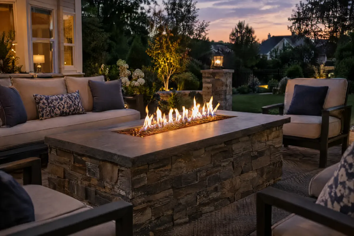 Gas fire table with fire glass on a paver patio, an option when comparing gas vs wood fire pit in Northern Virginia
